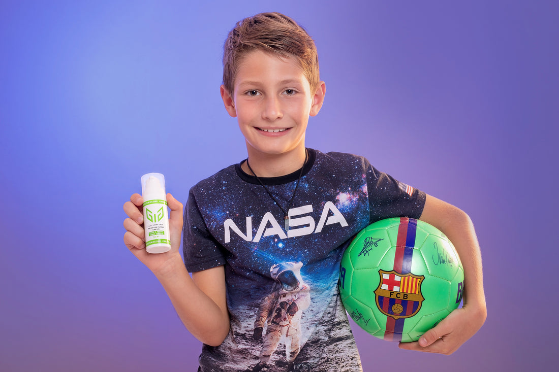 Young boy presenting  natural face cream for gamers.